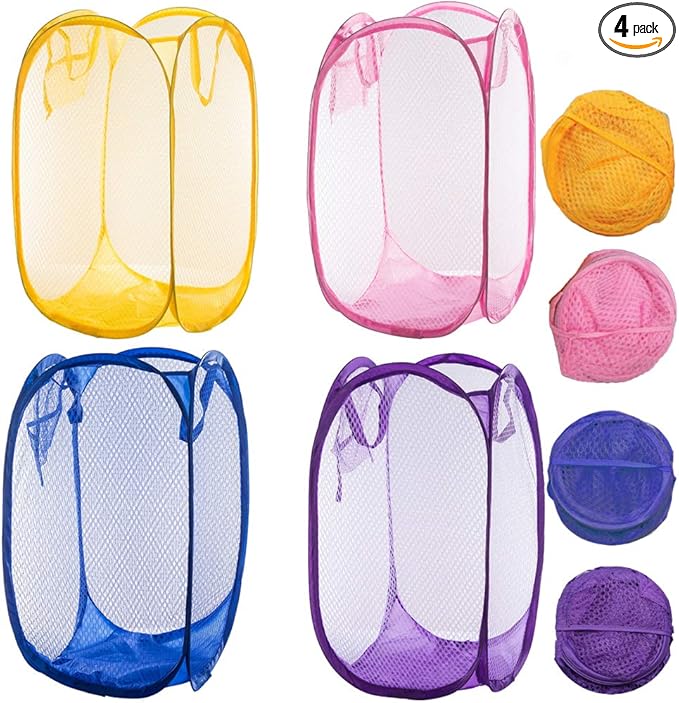 Qtopun Mesh Popup Laundry Hamper, 4 Pack Foldable Portable Dirty Clothes Basket for Bedroom, Kids Room, College Dormitory and Travel (Yellow,Pink, Purple,Dark Blue)