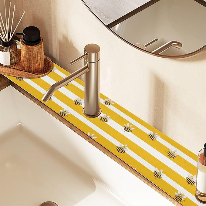 Kitchen Sink Splash Guard 2 PCS 30 Inch Sink Faucet Mat Splash Guard for Bathroom Countertop Water Absorbent Foldable Cuttable Soft Washable Yellow and White Striped Bees01