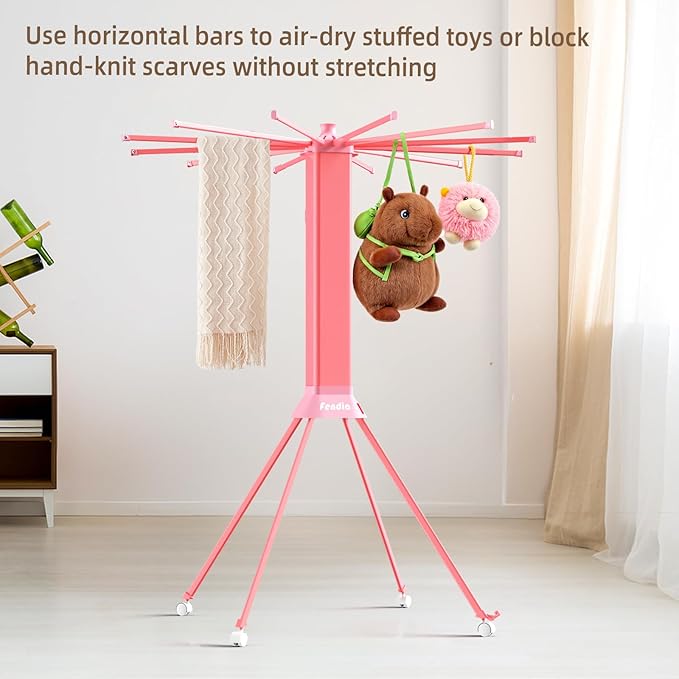 fendia Clothes Drying Rack Foldable & Collapsible Drying Racks with 4-Leg Octopus Design, Large Capacity Space Saving Indoor Drying Rack for Bedroom,Balcony,Laundry for Indoor/Outdoor Use（Pink）