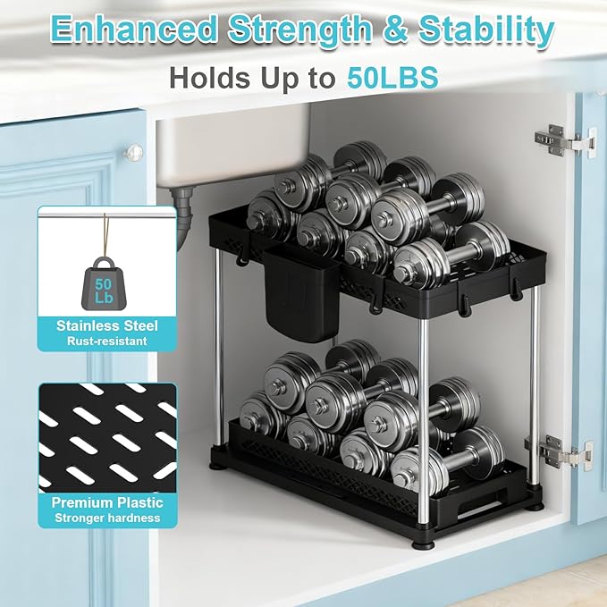Under Kitchen Sink Organizer, 2-tier Under Sink Organizers and Storage for Kitchen & Bathroom, Multi-Purpose Pull Out Under Cabinet Organizer with Hooks Hanging Cup (Black, 2 Pack)