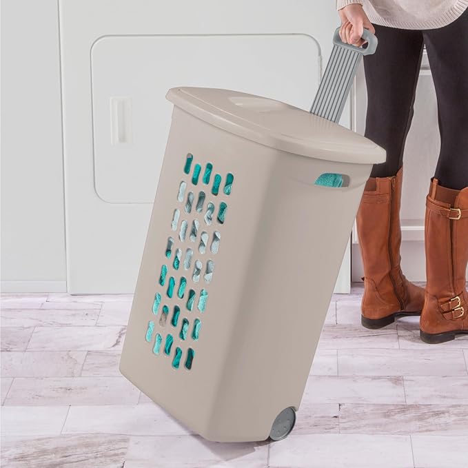 Sterilite 3-Pack Ultra Wheeled Hamper, Plastic Rolling Laundry Basket, Gray Pumice - Portable Clothes Carrier with Flip-Top Lid and Retractable Handle for Home, Apartment, and Dorm