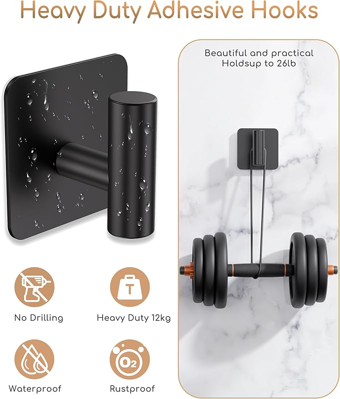 4 Pack Large Heavy Duty Wall Hooks - 26lb Max, Stainless Steel Adhesive Towel Hook, Shower Hooks for Hanging Towel, Coat, Robe, Wall Hook for Use in Bathroom, Kitchen and Door, Matte Black