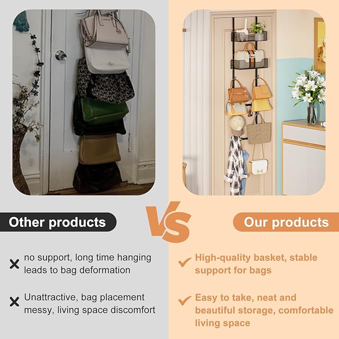 Over The Door Purse Organizer,Purse Storage Rack with 12 Hooks and 2 Adjustable Metal Basket,for Door,Hanging Handbag Storage Organizer Holds up to 12 Bags,for Closet,Black