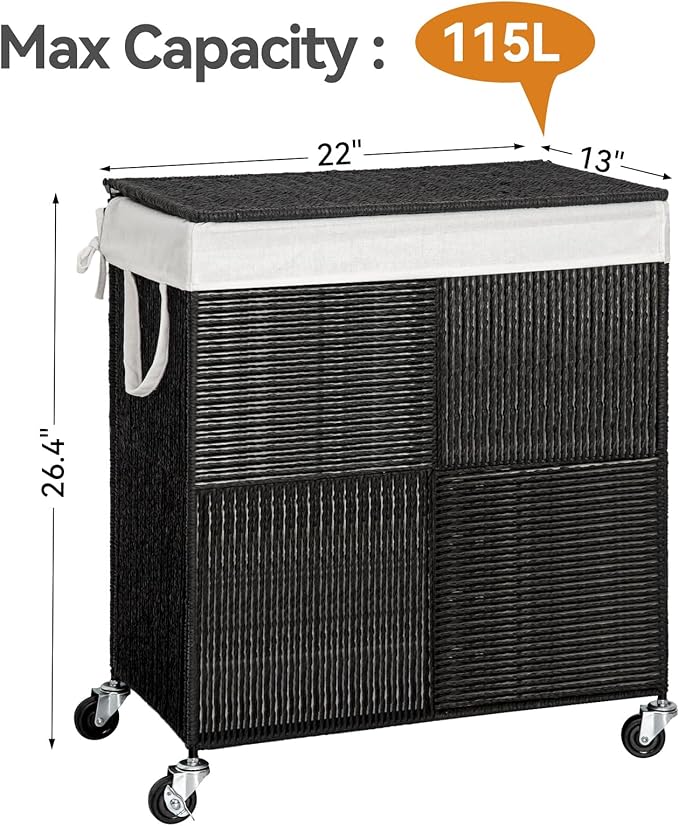 WOWLIVE Double Laundry Hamper with Lid, Handwoven Rolling Laundry Basket with Wheels, 115L Dirty Clothes Hamper with Removable Liner Bag Large Capacity Laundry Sorter Laundry Room Organization,Black