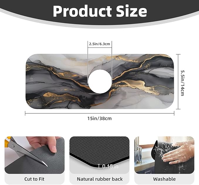 Faucet Draining Mat For Kitchen Sink, Black And Gold Marble Diatom Mud Absorbent Drain Pad For Bathroom Kitchen Sink Splash Guard Drying Mat