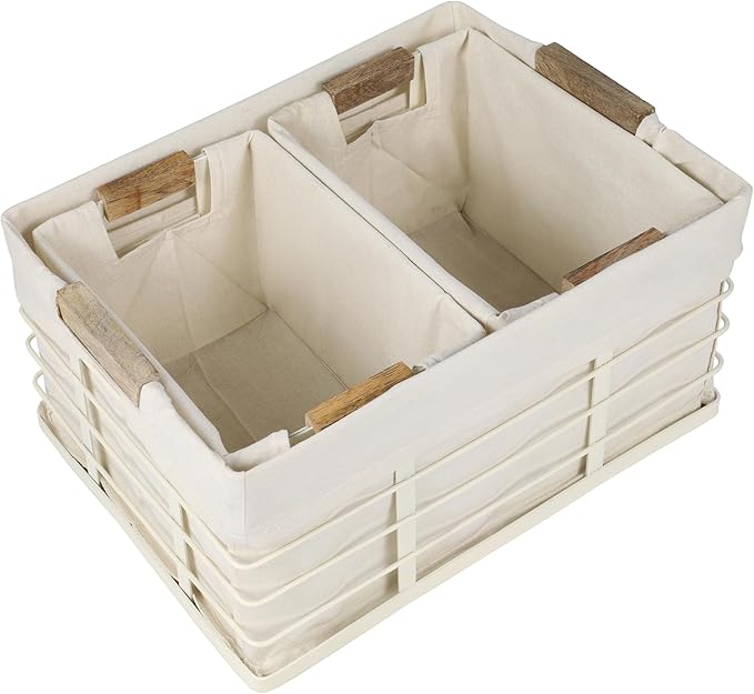 happimess BSK3002C-3SET Callan Vintage Industrial Wire Metal Nesting Storage Baskets with Wood Handles and Fabric Liner, for Shelves, Cabinets, Pantry, Countertop, Mesh Open Bin, Almond (Set of 3)