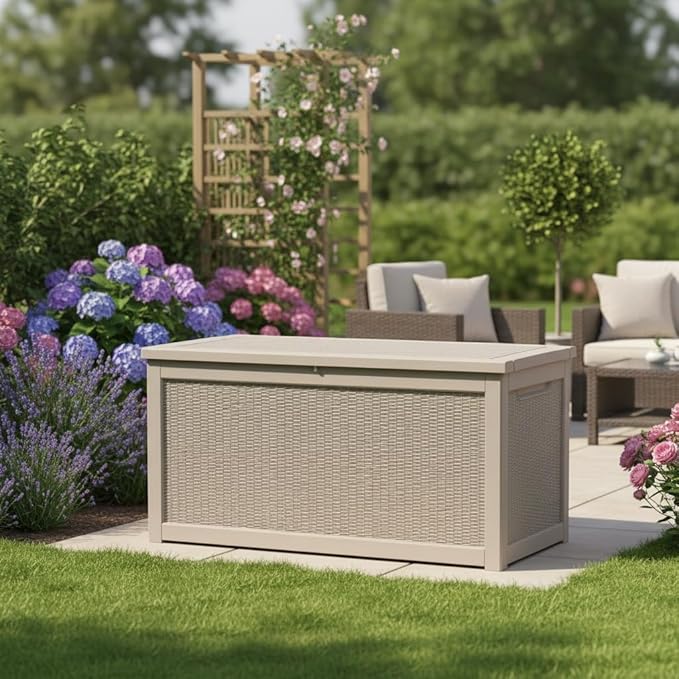 260 GallonOutdoor Storage Box,Resin Deck Boxes Waterproof, IndoorOutdoor Bin for Package Delivery, Patio Cushions, Gardening Tools, Lockable, UV Resistant