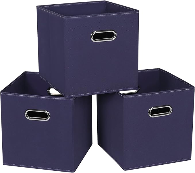 STOREONE Fabric Storage Bins Cubes Baskets Containers-(11X11X11) with Dual Handles for Shelf Closet, Nursery Home ， Bedroom Organizers, Foldable Set of 3 (Navy Blue)