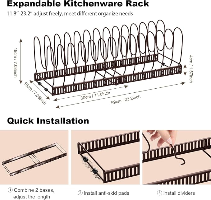 Housolution Pot and Pan Organizer Rack for Cabinet, Expandable Pot Lid Organizer with 15 Adjustable Dividers, Pan Holder Storage Rack for Kitchen Cabinet, Bronze