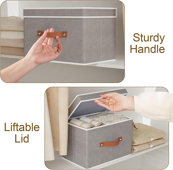 YheenLf Storage Bins with Lids, Fabric Collapsible Boxes, 17.7 x 11.8 x 11.8 Inch Storage Baskets with Handles for Bedroom Laundry Bathroom, Grey, 5-Pack