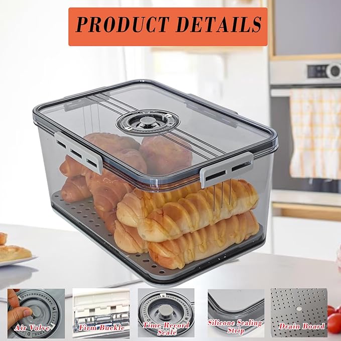 Bread Box Bread Boxes with Lid for Kitchen Counter, Airtight Loaf Bread Storage Container,Large Time Recording Bread Keeper for Homemade Bread, Toast, Bagel, Donut and Cookies (Grey)