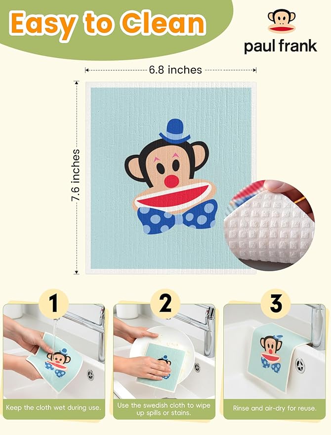 Paul Frank Swedish Dishcloths for Kitchen, 6 Pack Funny Swedish Dish Cloths Reusable Paper Towels, Super Absorbent Dish Cloths Washable Non-Scratch for Home Kitchen, Cellulose Sponge Cloths No Odor