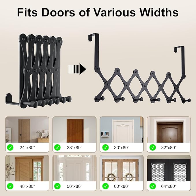 SCUNDA Expands Over The Door Hook Rack, Heavy Duty No Drill Hooks for Bathroom, Bedroom, Kitchen, Closet - Over The Door Hanger for Towels, Robes, Bags, Coats(Black)