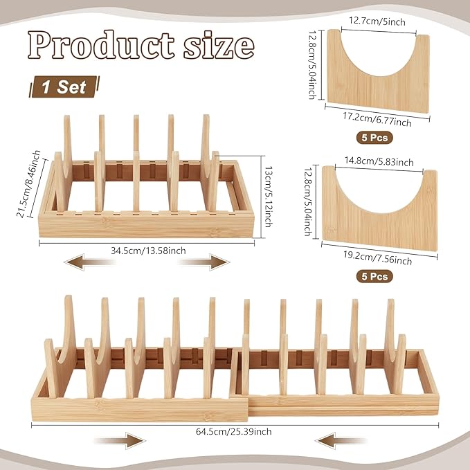 Bamboo Expandable Pots and Pans Organizer under Cabinet, Pot Lid Organizer Holder with 10 Adjustable Dividers, Cutting Board Holder, Baking Sheet Organizers for Kitchen Countertop