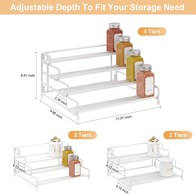 4-Tier-Spice-Rack-Organizer-for-Cabinet, Adjustable Depth Spice Holder Shelf For Countertop Pantry Cupboard, Metal Tiered Seasoning Organizer,Display Shelf Riser (White-2 Pack)