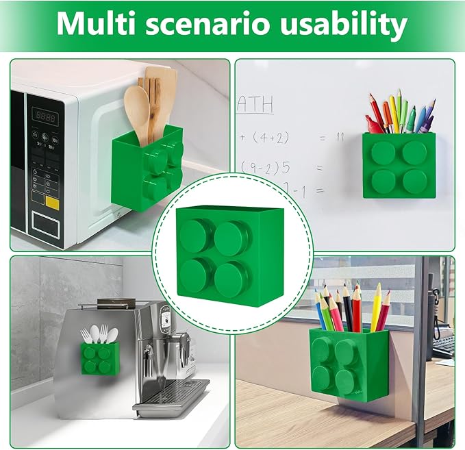 Magnetic Basket Organizer for Fridge - Lego-Style ABS Plastic Storage Box,No Drill Design for Kitchen Counter, Microwave & Whiteboard, Holds Up to 3.5 lbs (Green)