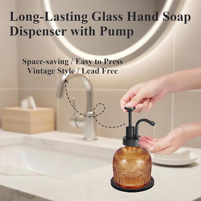 Amolliar 8 Oz Vintage Glass Bathroom Soap Dispensers with Pump, Refillable Kitchen Dish Soap Dispenser with Stripe, Antique Rustic Hand Soap Liquid Bottle (Brown-Black Pump)