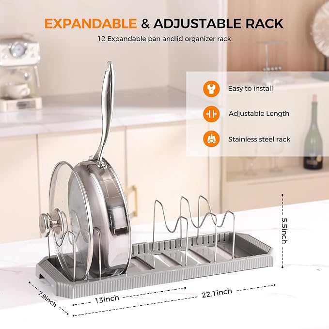 Adjustable Pot Lid Organizer Rack, 9 Compartments Cabinet Storage Holder for Pots, Pans, Lids, Cutting Boards, Bakeware
