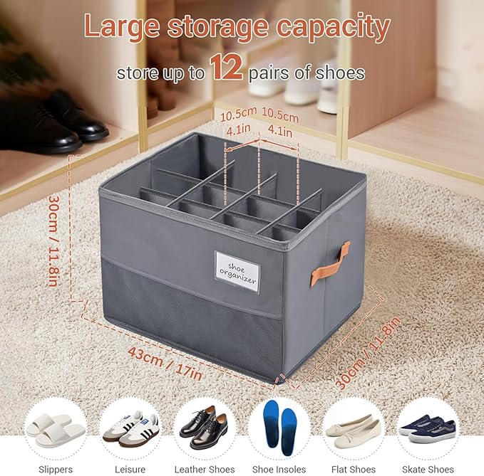 Shoe Organizer for Closet, Foldable Shoe Box Storage Containers with Clear Cover, Smooth Zipper, Reinforced Handles and Bottom Support, Space Saving Shoes Holder, Gray (1, Small)