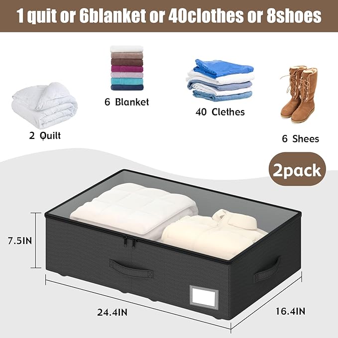 EE-RoomWorld Underbed Storage Bins with Wheels, No Assembly Required - 7.5 inch height Black Large Capacity Rolling Underbed Containers for Shoes, Dorm under bed storage drawers