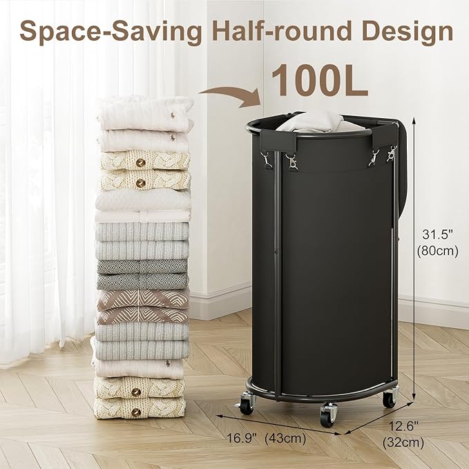 Chrislley Laundry Hamper with Wheels and Lid, 100L Rolling Laundry Basket, Half Round Laundry Cart with Removable Bag and Iron Frame, Dirty Clothes Hamper Organizer for Home, Dorm, Hotel, Black