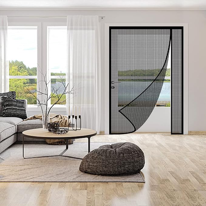 Reversible Left or Right Side Opening Magnetic Screen Door, Narrow Durable Fiberglass Mesh Curtain Hands Free for Patio, Bedroom, Fits Door Size 60" x 80", Black