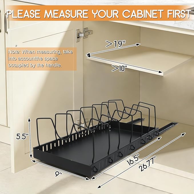 XIAPIA Pull Out Pots and Pans Organizer Under Kitchen Cabinet, Pot Lid Organizers, Slide Out Cookware Storage Rack with 8 Adjustable Dividers, Pull Out Shelves for Dishware Seasoning, (Black, 1 Pack)