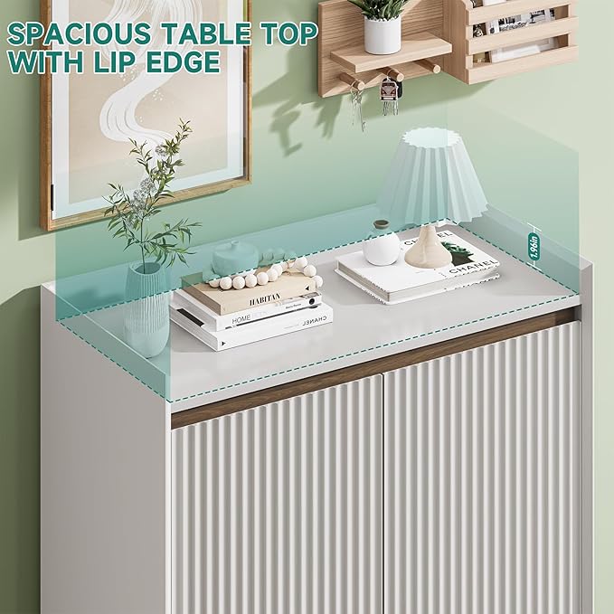 White Fluted Shoe Cabinet, 5-Tier Shoe Storage Cabinet with Adjustable Shelves, 43.7”H Tall Shoe Cabinet Storage for Entryway Hallway Living Room, Shoe Rack Organizer White & Walnut Wave Fluted Design