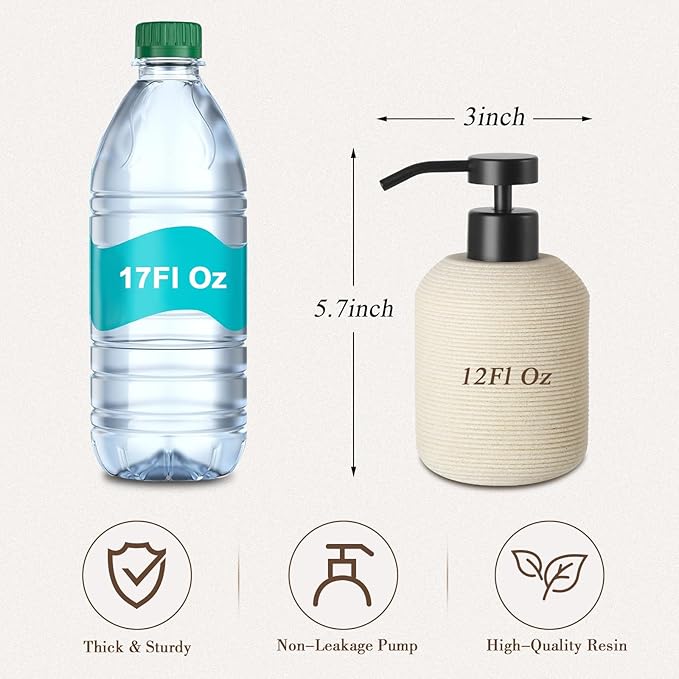 Hand Soap Dispenser, Beige Soap Dispenser for Bathroom 2 Pack, 12 Fl Oz Resin Soap and Lotion Dispensers Set with Plastic Pump, Boho Refillable Liquid Dish Soap Dispensers Bottle
