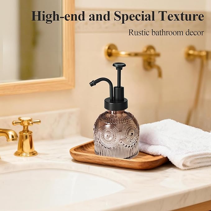 SheeChung Vintage Soap Dispenser, Kitchen Dish Soap Dispensers with Pump Mat, Glass Hand Soap Dispenser for Bathroom, Liquid, Lotion, Refillable, Rustic Farmhouse Decor-Brown (Black Pump, 2 pk)
