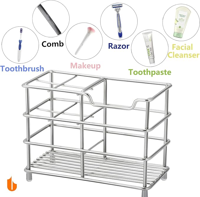 Urbanstrive 304 Stainless Steel Bathroom Toothbrush Holder Toothpaste Holder Stand Bathroom Accessories Organizer (Silver, Small)