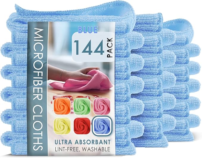 Hearth & Harbor Microfiber Cleaning Cloth, Towels for Cars 144 Pack Washcloths, Blue Rags, Reusable Towel, Cloth Rags Cleaning, Lint Free 12''x12''