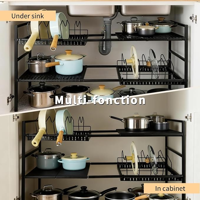 Pots and Pans Organizer Under Cabinet, Expandable Length, Adjustable Height Under Sink Shelf 2 Tier with 5 Dividers Under Cabinet Shelf, Metal Frame for Bathroom Kitchen Pantry Cabinet (Black)