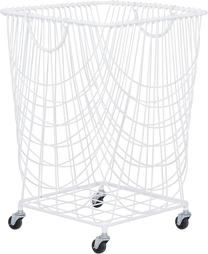 Deco 79 Metal Storage Cart Deep Set Mesh Rolling Laundry Basket , 17" x 17" x 24", White