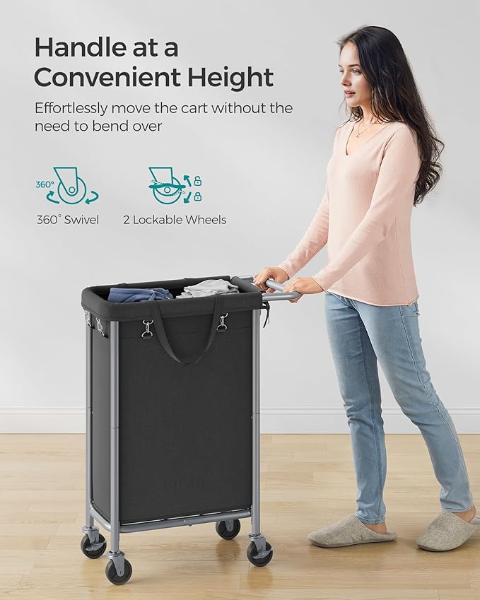 SONGMICS Laundry Basket with Wheels, Rolling Laundry Hamper, 23.8 Gallons (90 L), Removable Liner, Steel Frame with Handle, 24 x 11.4 x 31.9 Inches, Ink Black URLS003B01