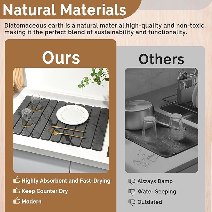 Large Stone Dish Drying Mat for Kitchen Counter, Quick Dry Stone Dishes Mats,Foldable Water Absorbing Diatomaceous Earth Drying Organizer Pad for Plate Rack Bottles Utensils(Dark Gray 24"×16" & 8"x4")