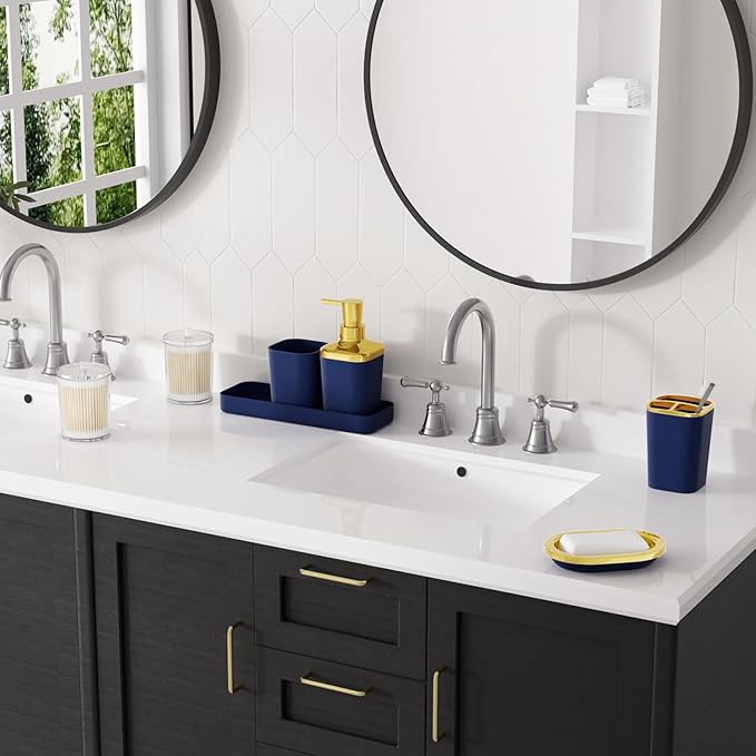 Navy Blue Bathroom Accessories Set, Blue and Gold Bathroom Accessories with Trash Can, Soap Dispenser, Soap Dish, Toothbrush Holder and Q-tip Holders