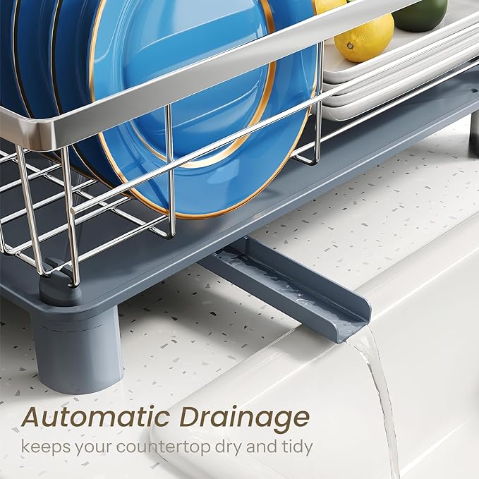 SNTD Dish Drying Rack - Small Dish Rack for Kitchen Counter, Stainless Steel Dish Drainer with Utensil Holder and Drainboard, 11" W x 15" L (Silver)
