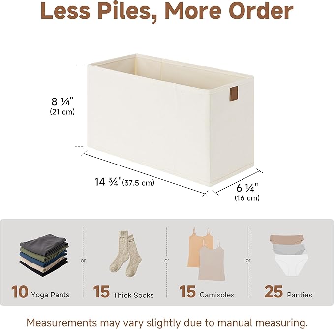 StorageWorks Fabric Storage Bins, Small Storage Bins with PU Handle, Decorative Narrow Baskets for Shelves, Ideal for Organizing Clothes, Toys, and Books, Beige, 4-Pack