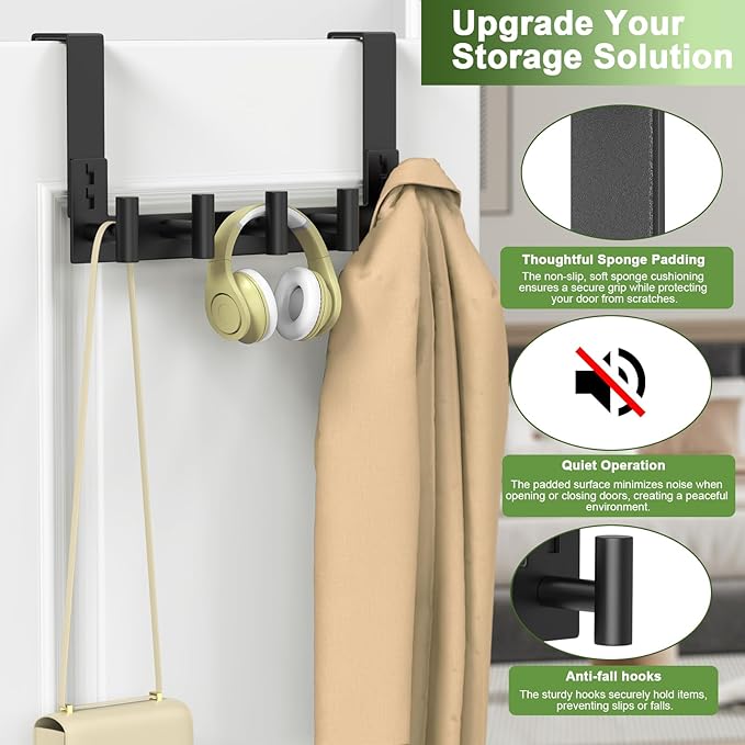 VINHOLD Stainless Steel Over Door Hooks, Over Door Hanger Holder for Robe Cloths, Heavy Duty Towel Hooks, Coat Rack, Doors Organizer for Bathroom, Bedroom, Locker Room & Closet (1 Pack, Black)
