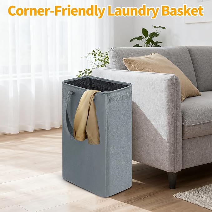 Slim Laundry Hamper, 48L Ultra Thin Collapsible Laundry Basket with Handles, Foldable Basket Laundry Bag Dirty Clothes Hamper for Bathroom Bedroom(Gray)