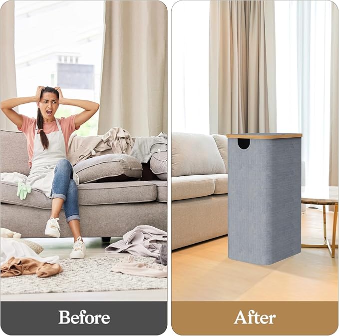 160L Foldable Laundry Baskest with Lid, 3 Section Extra-large Laundry Hamper with Removable Bags and Bamboo Handles for Bathroom, Bedroom & Laundry Room, Grey