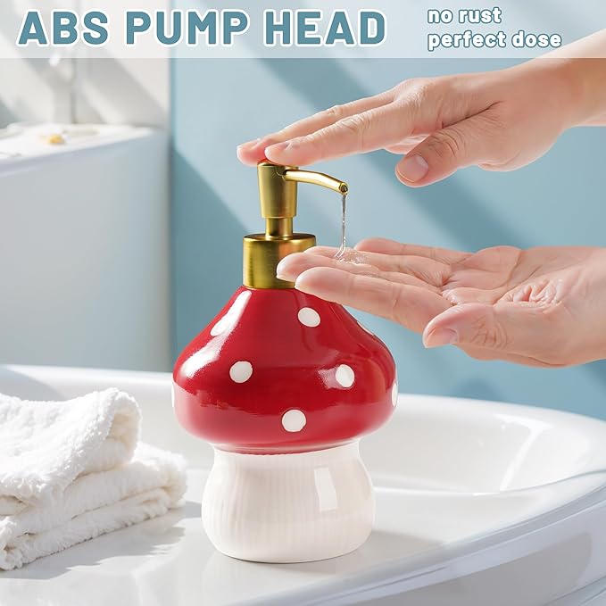 17 Oz Mushroom Ceramic Soap Dispenser with ABS Pump,Refillable Liquid Bathroom soap Dispenser for Lotion,Body Wash,Cute Kitchen Soap Dispenser for Dish Soap,Hand Soap