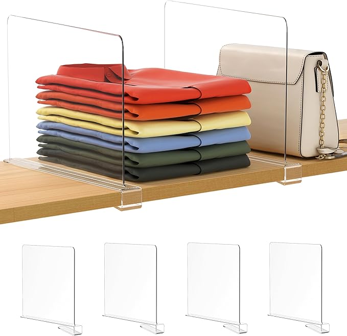 Famyards 4 Pack 12 Inches [Extra Tall Version] Clear Shelf Dividers for Organization, Acrylic Closet Shelf Vertical Shelves Organizer for Bedroom, Kitchen and Office