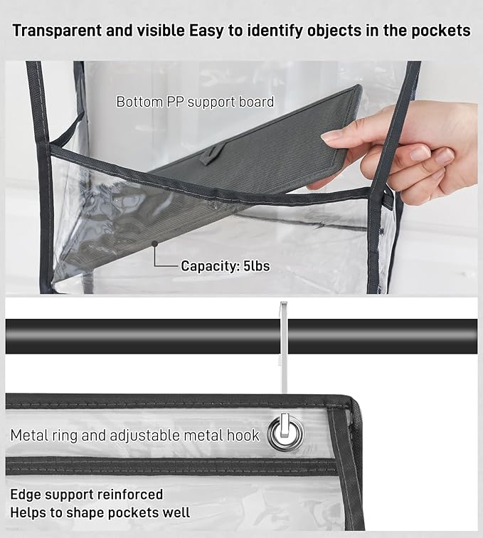 Fixwal 6-Shelf Over The Door Hanging Pantry Organizer Hanging Storage with Clear Plastic Pockets Behind The Door Storage Organizer with 3 Small PVC Pockets for Closet Bedroom Bathroom (Grey)