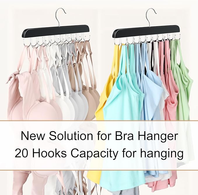 Bra Hanger for Closet, Tank Top Organizer 20 Hooks Capacity Foldable Wood Space Saving Hanger Closet Organizers and Storage for Dorm & Apartment for Tank Top, Hats, Scarf etc.