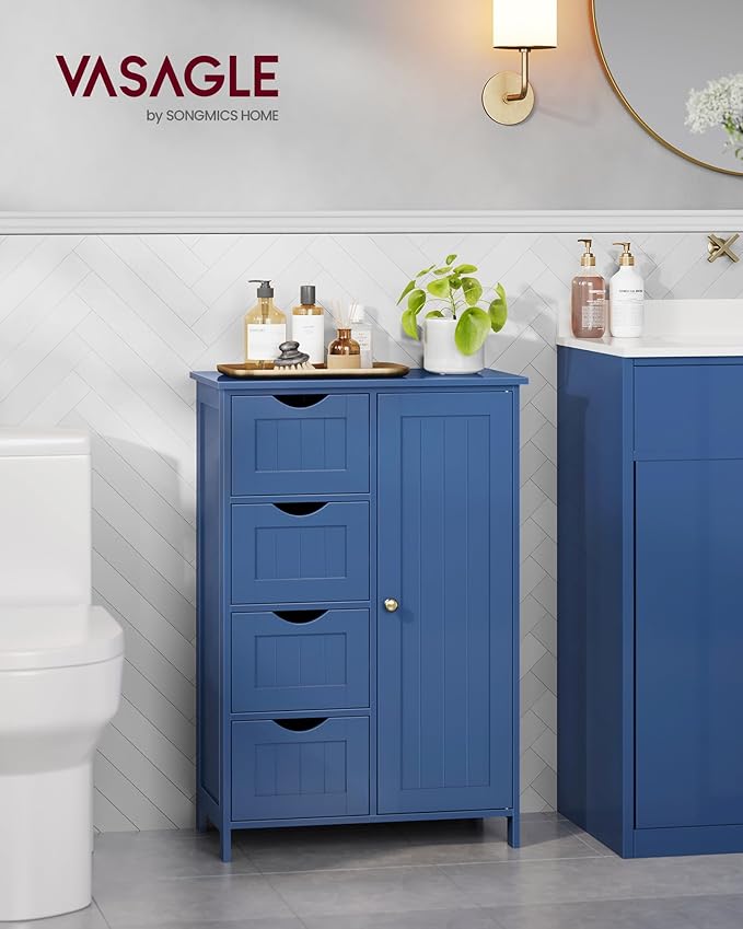 VASAGLE Storage Cabinet with Drawers, Freestanding Floor Cabinet with Door, 11.8 x 21.7 x 32.3 Inches, Adjustable Shelf, for Bathroom, Living Room, Kitchen, Bijou Blue ULHC041QE01S