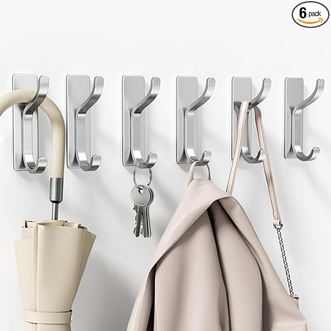niffgaff Wall Hooks for Coat and Towel: 13lb Adhesive Door Hanger Stick On, Sticky Hook for Wall, Closet, Bathroom - Silver, 6 Pack