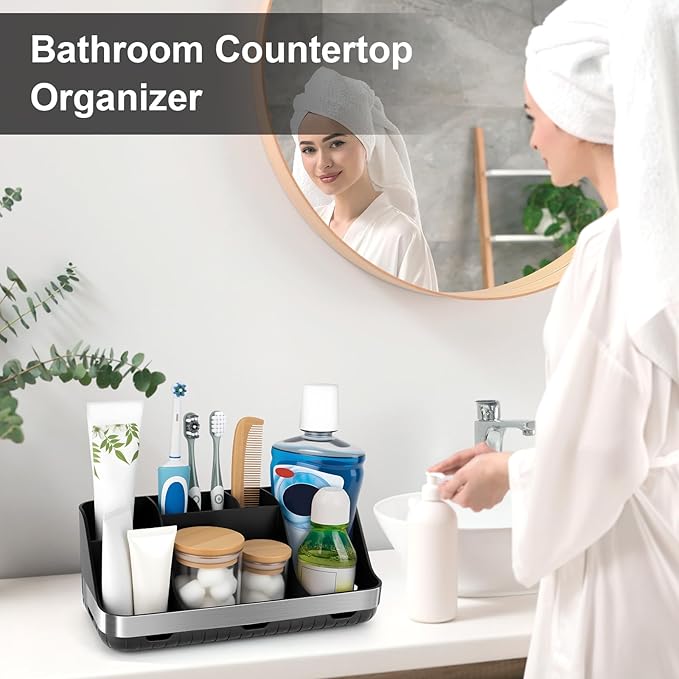 Black Toothbrush Holder - 7 Slots Bathroom Organizer Countertop with Drainage Matte Black Electric Toothbrush and Toothpaste Holder for Bathroom Accessories Sink Storage