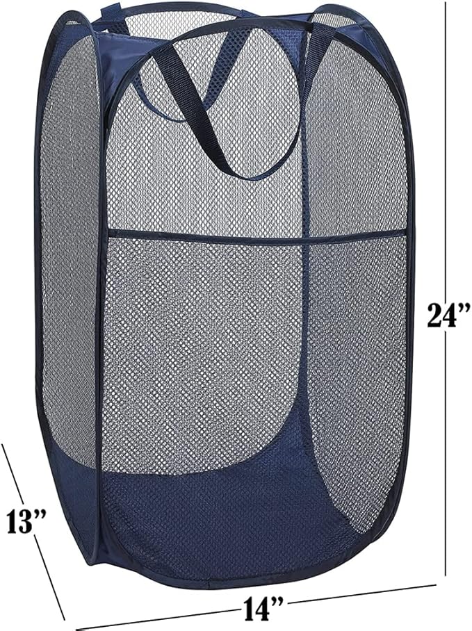 BATTOO Deluxe Strong Mesh Pop up Laundry Hamper Basket with Side Pocket for Laundry Room, Bathroom, Kids Room, College Dorm or Travel Navy Blue